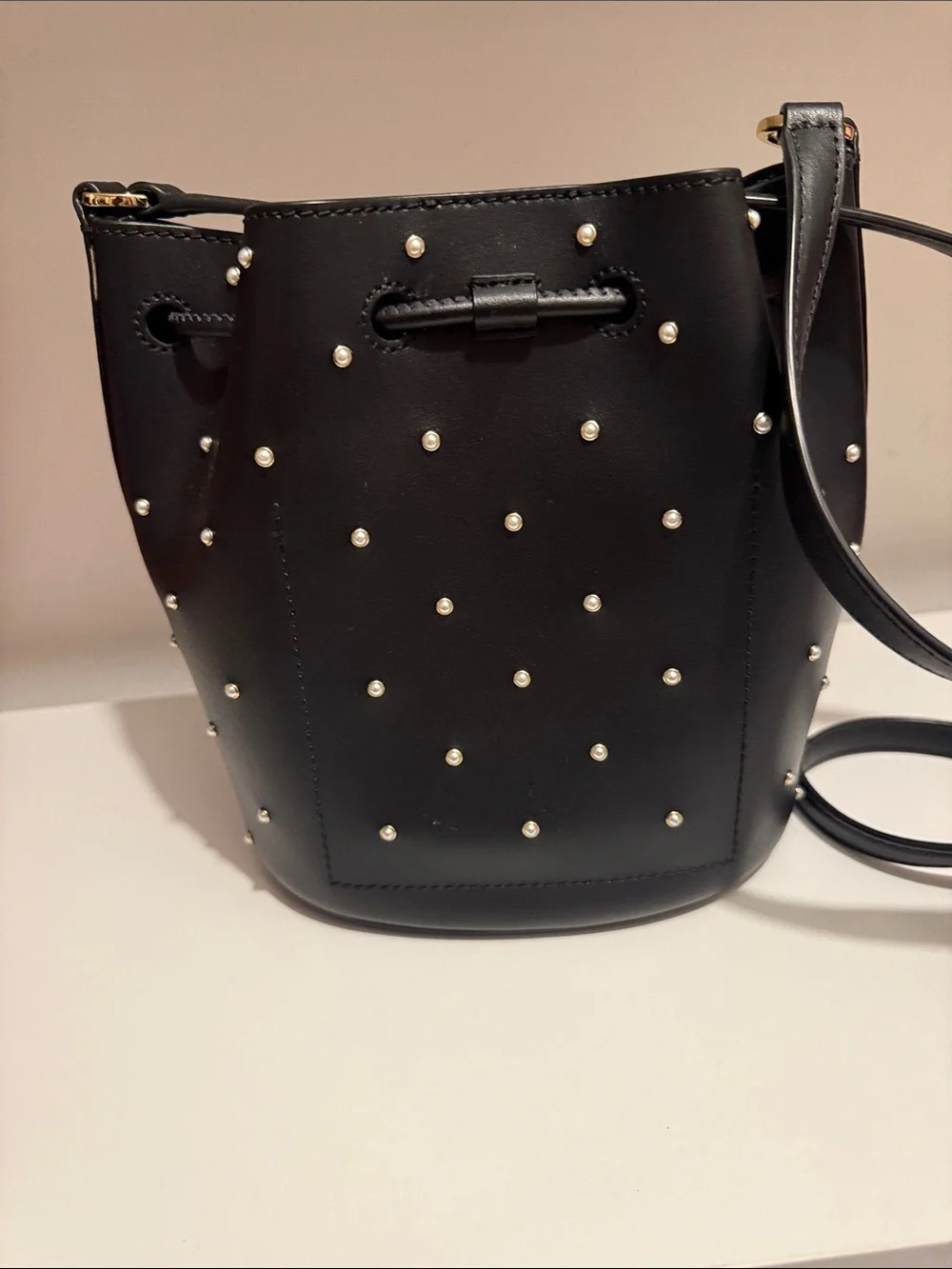 Ralph Lauren Black Pearl-Stud Drawstring Bucket Bag - Picture 3 of 10